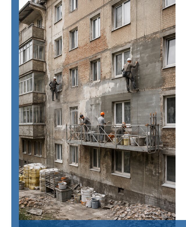 Капитальный ремонт фасада в Йошкаре-Ола с восстановлением и гидроизоляцией