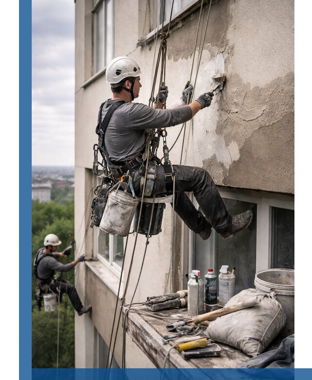 Косметический ремонт фасада зданий в Йошкаре-Ола промышленными альпинистами