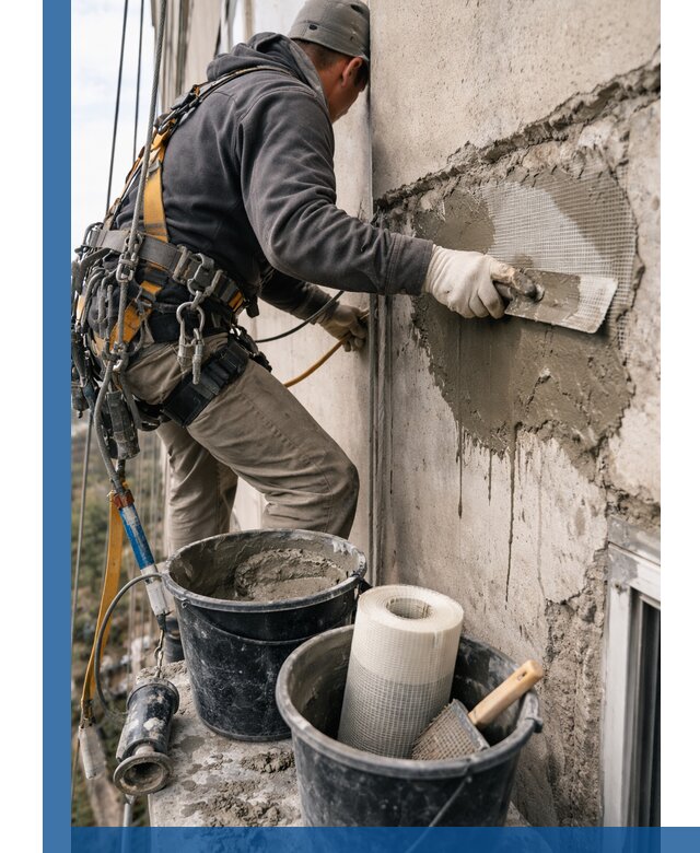 Ремонт бетонных элементов фасада промышленными альпинистами в Йошкаре-Ола