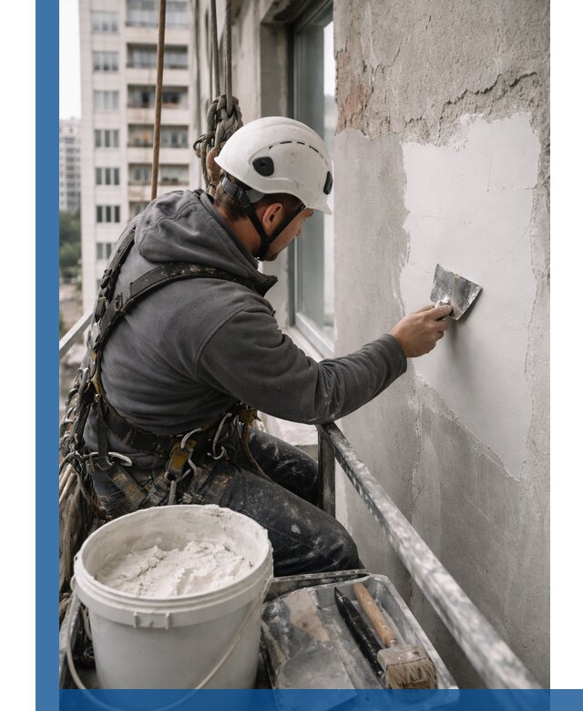 Шпаклевка фасадов на высоте с промальпинистами в Йошкаре-Ола