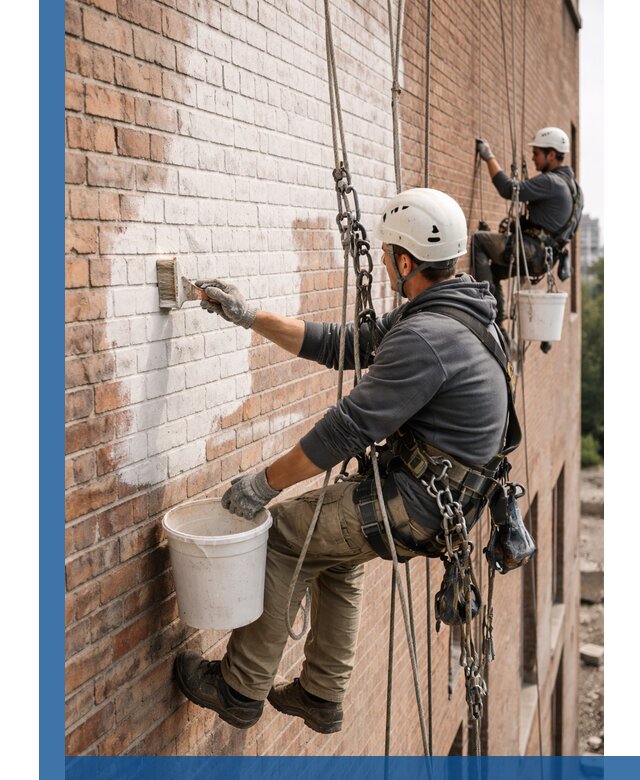 Покраска кирпичного фасада с доступным альпинистским сервисом в Йошкаре-Ола
