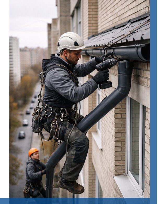 Монтаж водосточной системы на здании в Йошкаре-Ола от 5113 р. | ВЫСОТНИК-Шкр