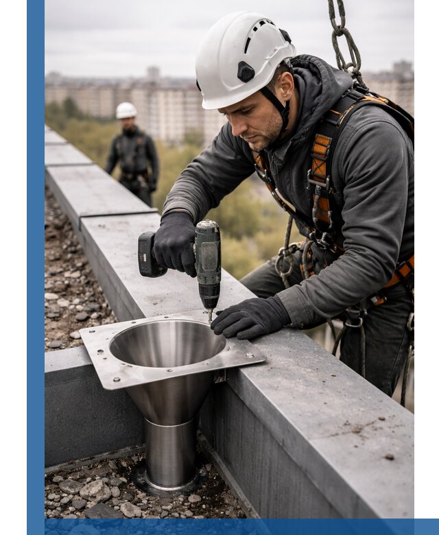 Монтаж водосточных воронок в Йошкаре-Ола для промышленных зданий