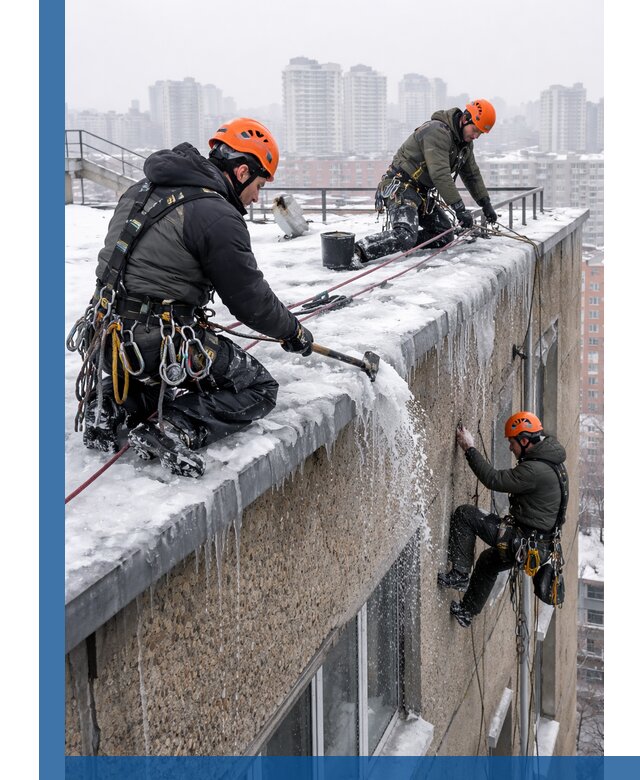 Удаление наледи с кровли в Йошкаре-Ола промышленными альпинистами