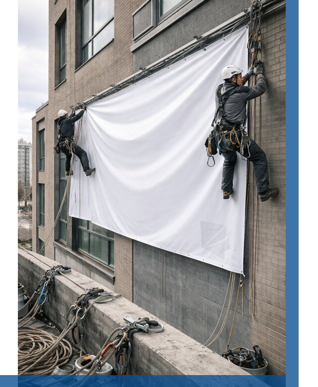 Монтаж баннеров на фасаде в Йошкаре-Ола от 665 р. заказать ВЫСОТНИК-Шкр