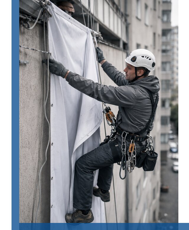 Замена баннерного полотна промышленными альпинистами в Йошкаре-Ола