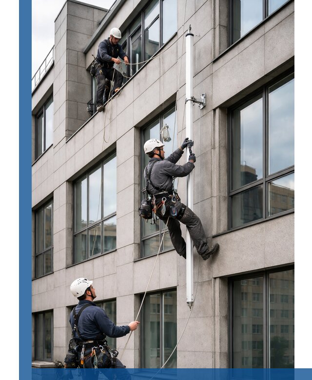 Монтаж флагштока на фасаде здания с креплением и герметикой в Йошкаре-Ола