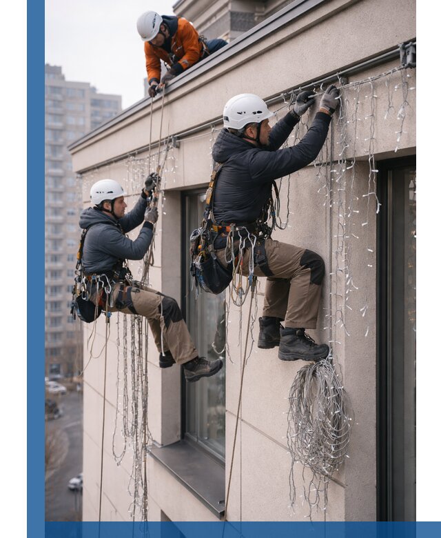 Монтаж праздничных гирлянд на фасаде в Йошкаре-Ола для зданий