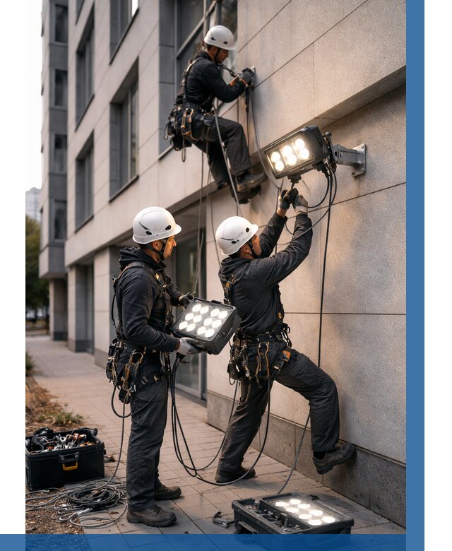 Монтаж прожекторов на фасаде в Йошкаре-Ола от 7670 р. | ВЫСОТНИК-Шкр