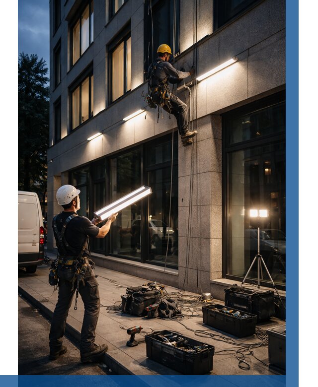 Монтаж архитектурной подсветки здания в Йошкаре-Ола от 2557 р.|ВЫСОТНИК-Шкр