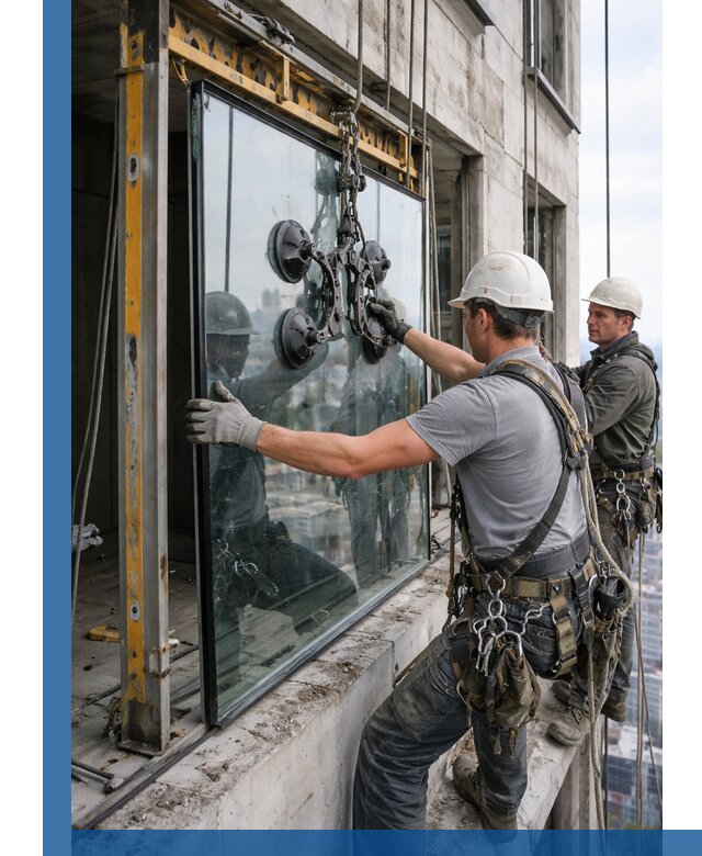 Монтаж стеклопакетов на высоте в Йошкаре-Ола с промышленным альпинизмом