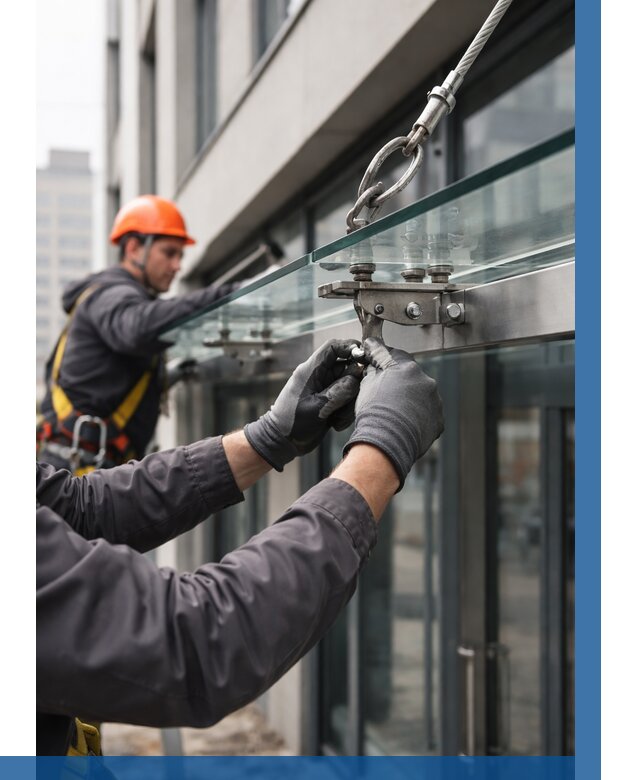 Монтаж стеклянных козырьков в Йошкаре-Ола от 8692 р. | ВЫСОТНИК-Шкр