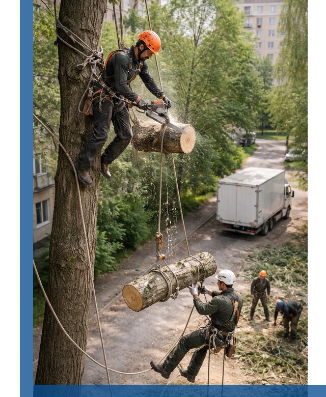 Спил деревьев альпинистами в Йошкаре-Ола, безопасно и без повреждений